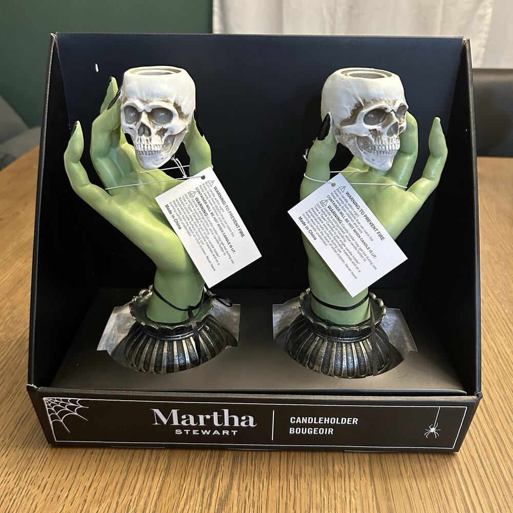 NEW Martha Stewart Green Witch Hands Holding Skeleton Halloween Candle Holder